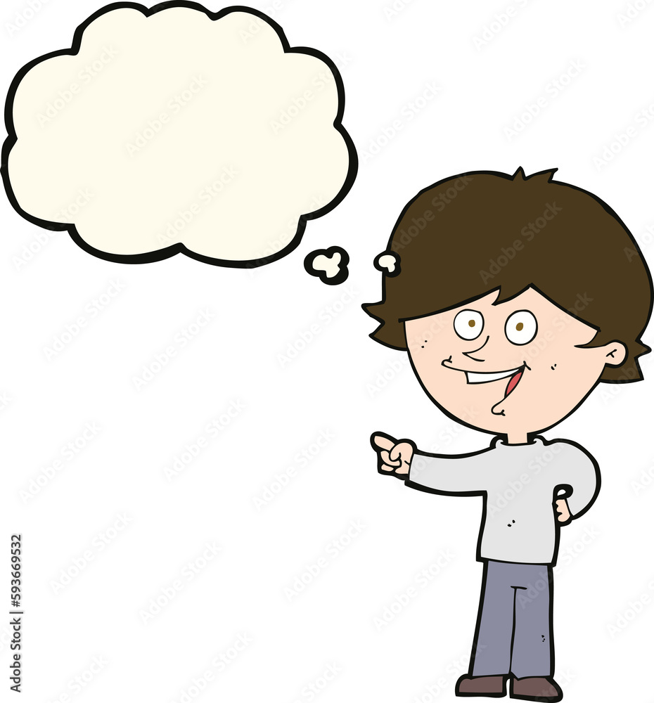 cartoon boy laughing and pointing with thought bubble cartoon boy laughing and pointing with thought bubble