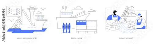 Commercial fishing industry abstract concept vector illustrations.