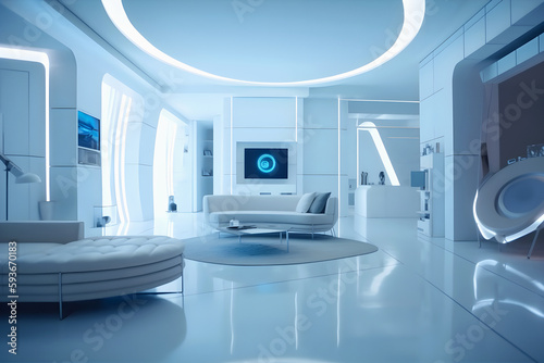 Bright stylish apartment of future. White interior, furniture, walls Comfort and luxury. Generative AI