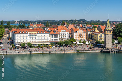 Aerial view of Lindau form the lighthouse. Lindau is a popular tourist destination on Bodensee (Lake Constance), Bavaria, Germany