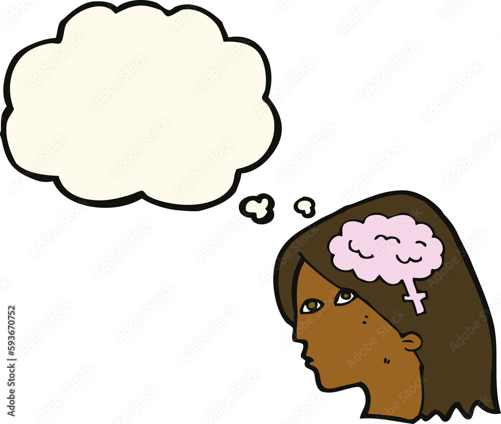cartoon female head with brain symbol with thought bubble