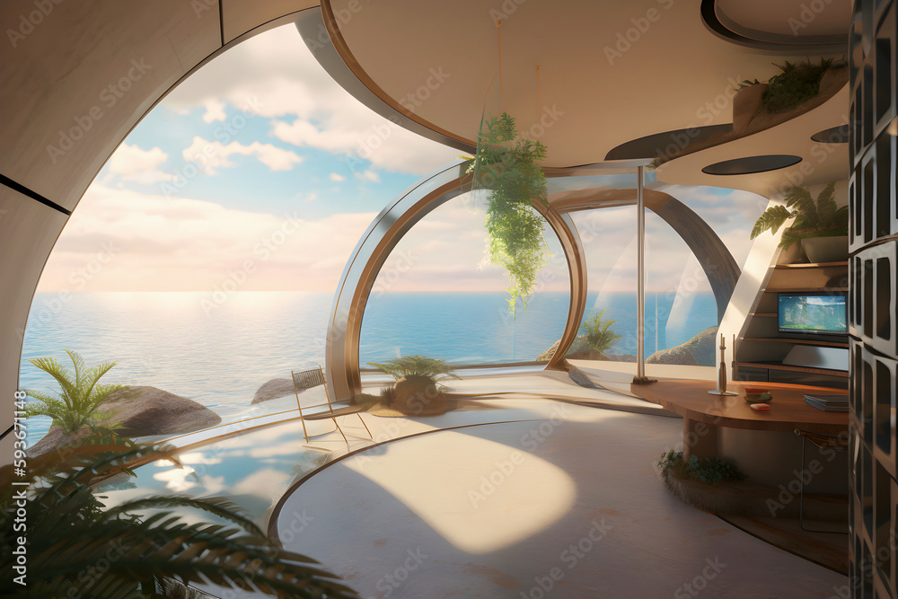 Interior of modern house with large windows on seashore. Comfort and luxury. Generative AI