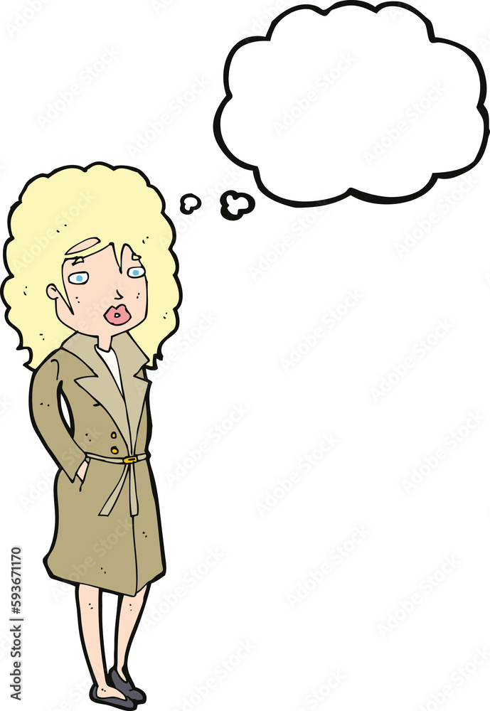 cartoon woman in trench coat with thought bubble cartoon woman in trench coat with thought bubble
