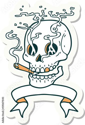 tattoo sticker with banner of a skull smoking