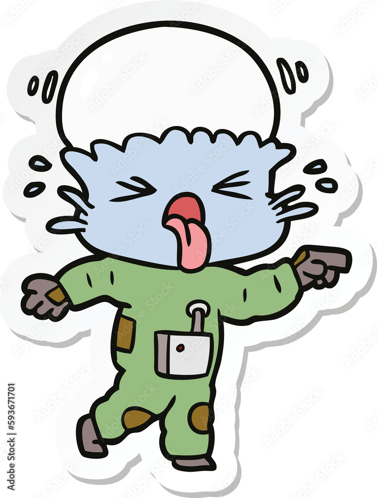sticker of a weird cartoon alien pointing sticker of a weird cartoon alien pointing