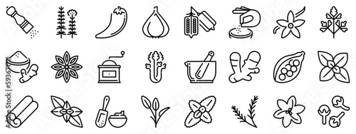 Line icons about spices and herbs on transparent background with editable stroke.