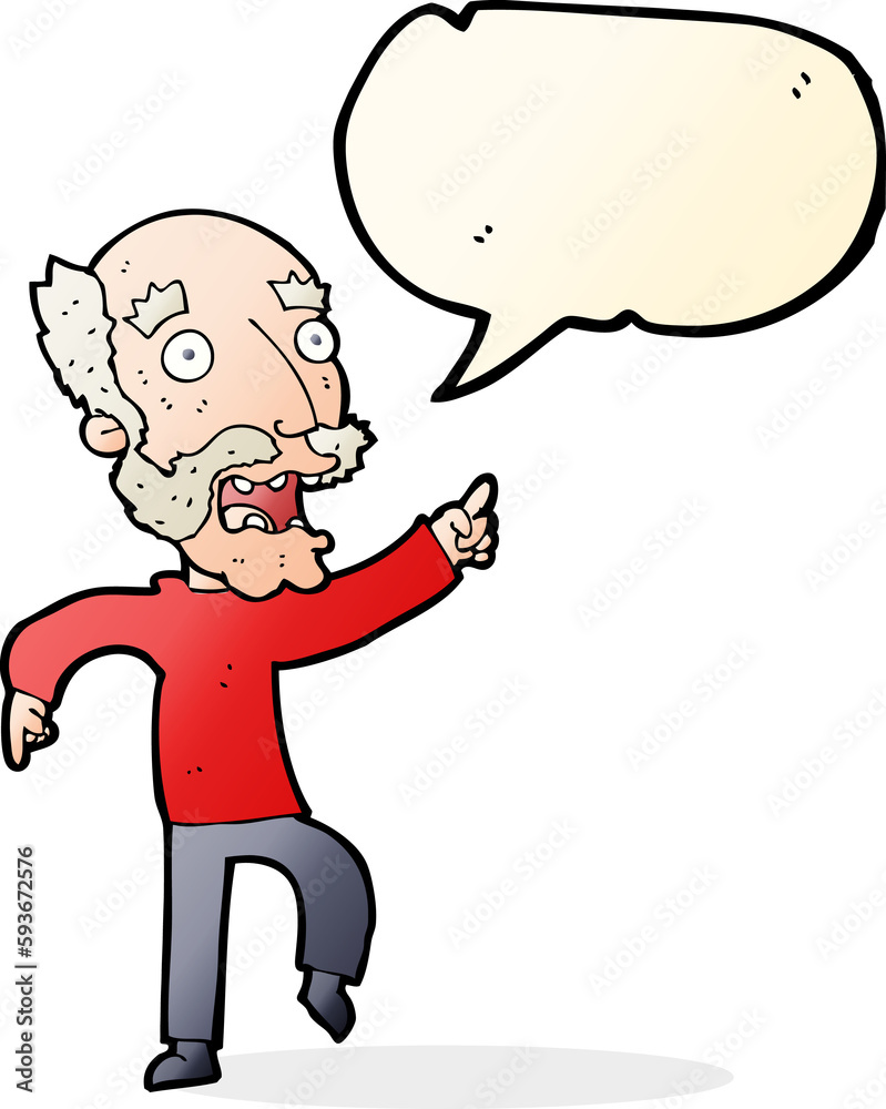 cartoon frightened old man with speech bubble