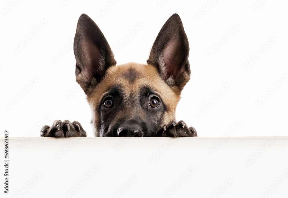 Adorable Belgian Malinois Puppy Peeking Out from Behind White Table with Copy Space, Isolated on White Background. Generative AI.
