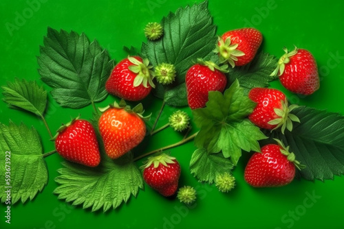 Creative concept of strawberry with leaves on green background. Food concept. Hello summer. Close-up. Generative Ai content.
