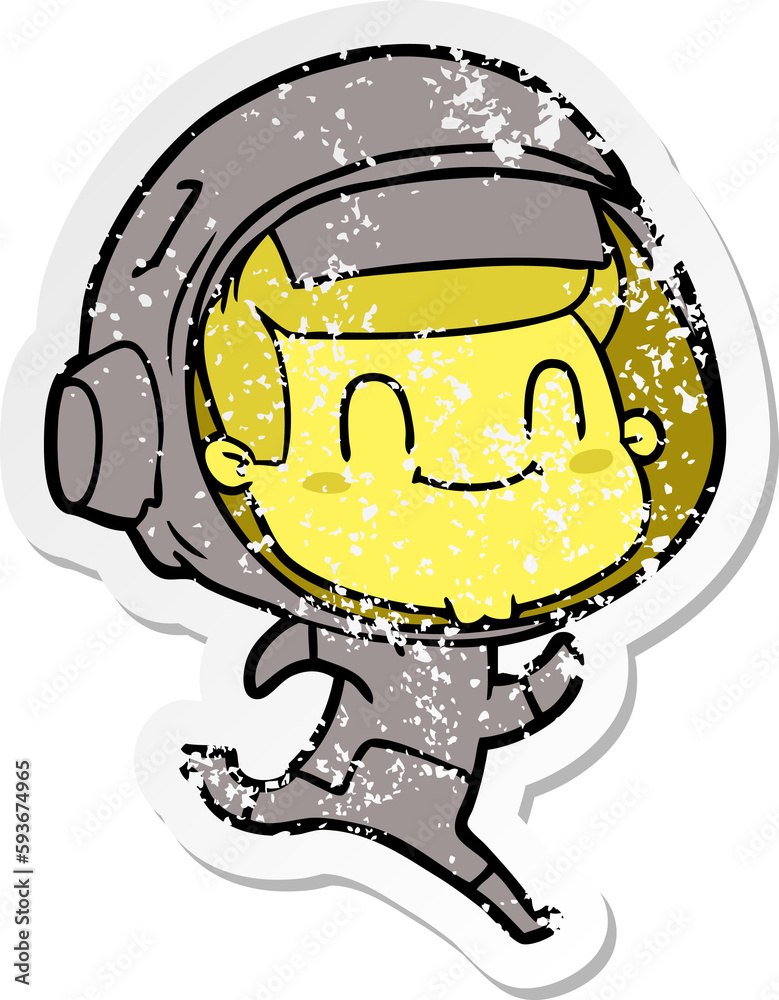 distressed sticker of a happy cartoon astronaut man distressed sticker of a happy cartoon astronaut man