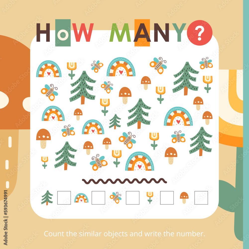 Forest activities for kids. How many. Count the number of tree, butterfly, mushroom, rainbow, flower. Vector illustration. Book square format.