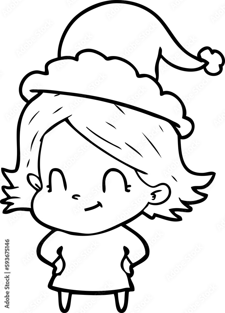 line drawing of a friendly girl wearing santa hat line drawing of a friendly girl wearing santa hat