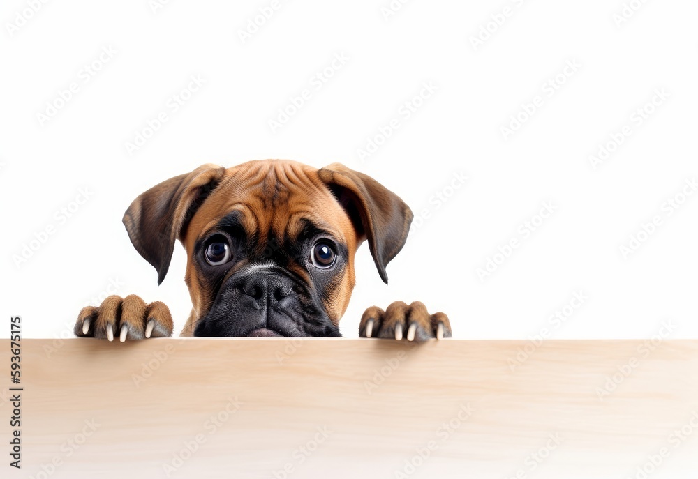 Adorable Boxer Puppy Peeking Out from Behind White Table with Copy Space, Isolated on White Background. Generative AI.