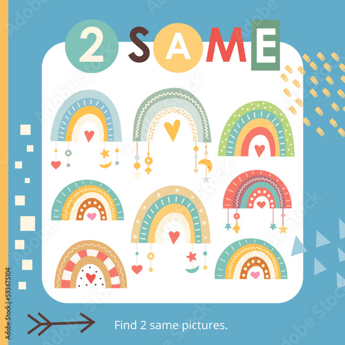 Rainbow activities for kids. Find two same pictures. Logic games for kids. Vector illustration. Book square format.