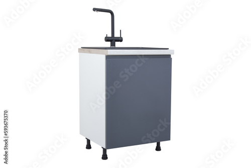 Kitchen cabinet with sink and faucet isolated on white