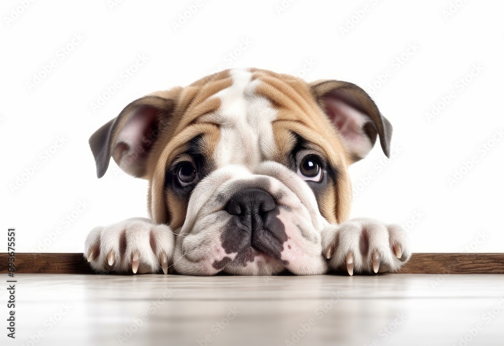 Adorable Bulldog Puppy Peeking Out from Behind White Table with Copy Space, Isolated on White Background. Generative AI.