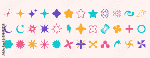 Set of brutalist abstract geometric shapes, bauhaus memphis geometric elements. Trendy minimalist basic figures, stars, lines, flowers, circles