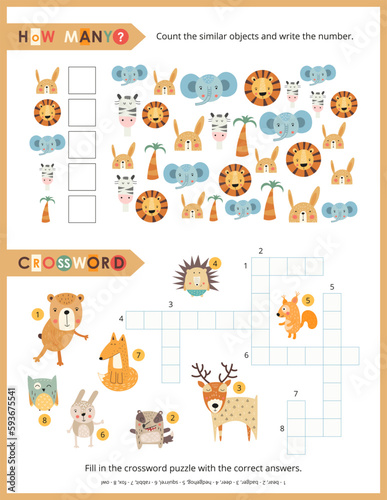 Cute Animals Activity Pages for Kids. Printable Activity Sheet with Safari and Woodland Animals Mini Games – Crossword, Counting game. Vector illustration.