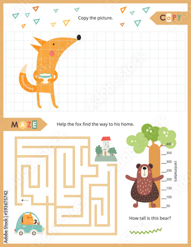 Cute Animals Activity Pages for Kids. Printable Activity Sheet with Woodland Animals Mini Games – Maze, Copy the picture. Vector illustration.
