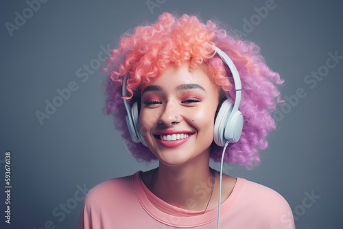 Dreaming asian woman with pink hair listens song in headphones. Generative AI illustration