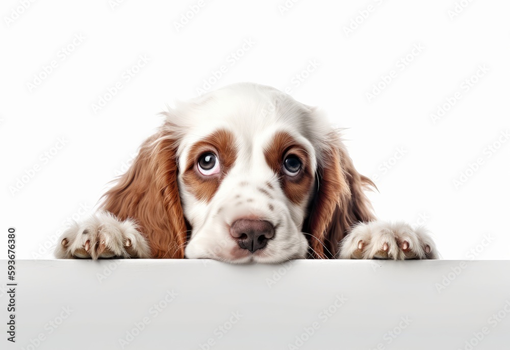 Adorable Clumber Spaniel Puppy Peeking Out from Behind White Table with Copy Space, Isolated on White Background. Generative AI.