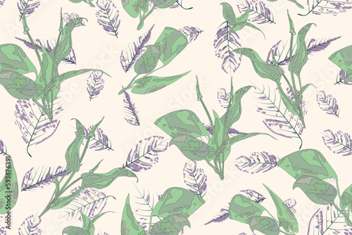 Beautiful gentle classic endless pattern design with leaves and plants on light background. Vector stock illustration.