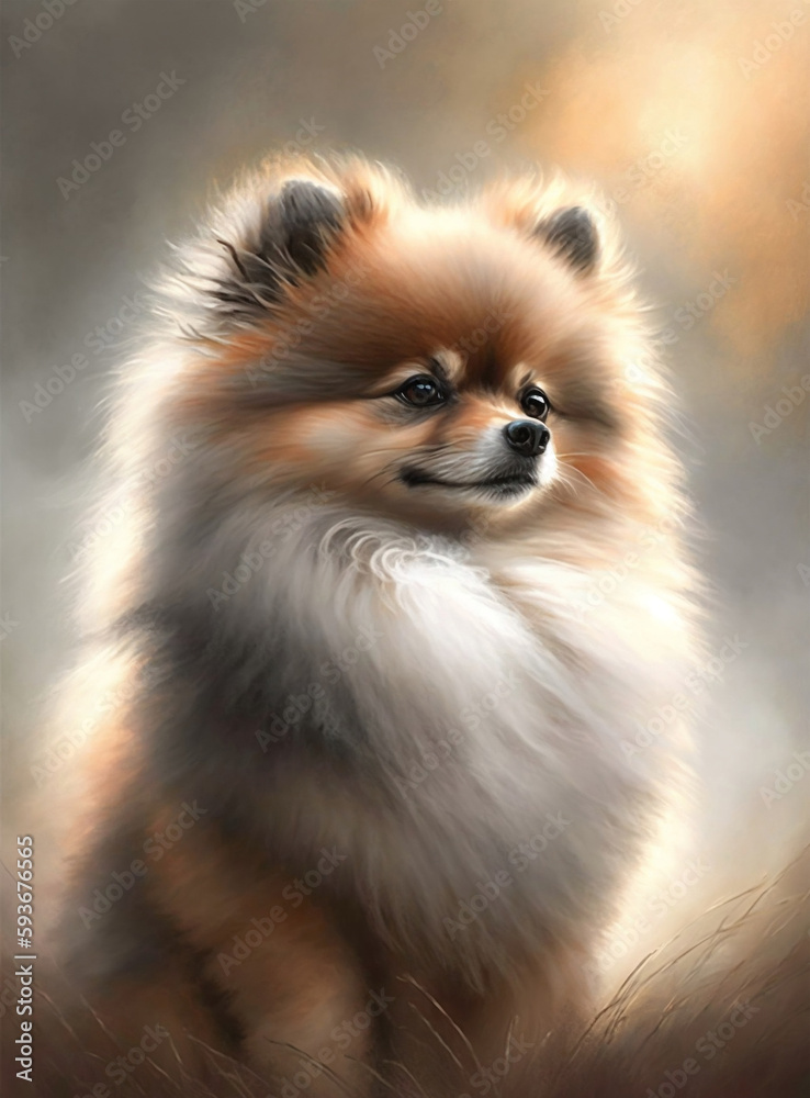 Obraz premium Pomeranian dog portrait, painting. A watercolor painting of a dog. Generative AI
