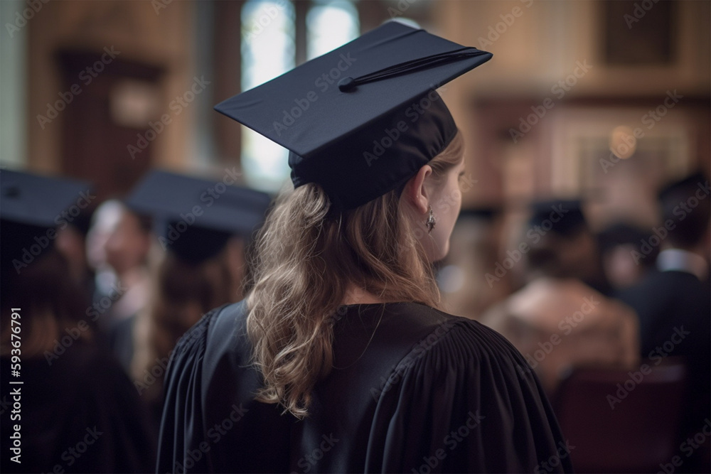 A girl in a graduation gown.Graduation ceremony concept.Back view.Created with generative ai A girl in a graduation gown.Graduation ceremony concept.Back view.Created with generative ai