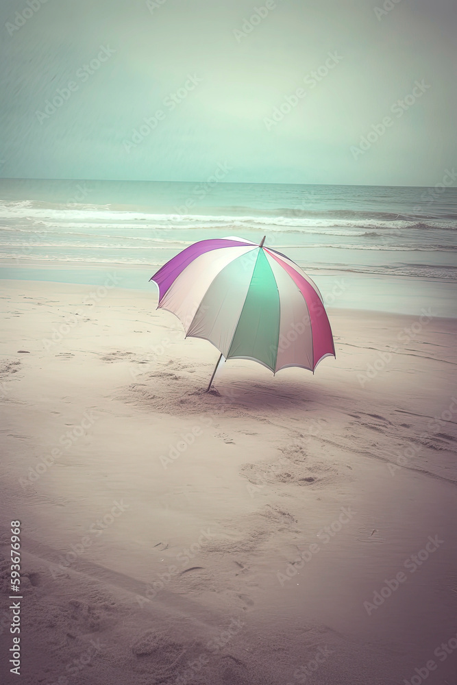 Generative AI illustration Empty beach with umbrellas in fantasy tones