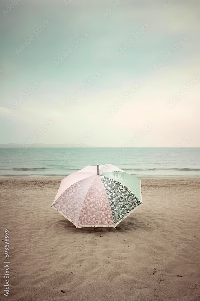 Generative AI illustration Empty beach with umbrellas in fantasy tones