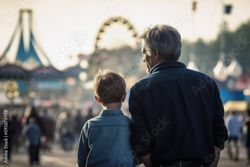Father and son going to the amusement park.Back view.Father's day.Created with generative ai