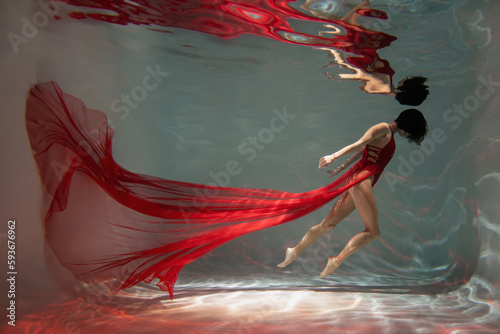 Graceful lady in scarlet dress posing underwater photo