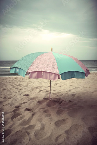 Generative AI illustration Empty beach with umbrellas in fantasy tones © Eduardo Lopez