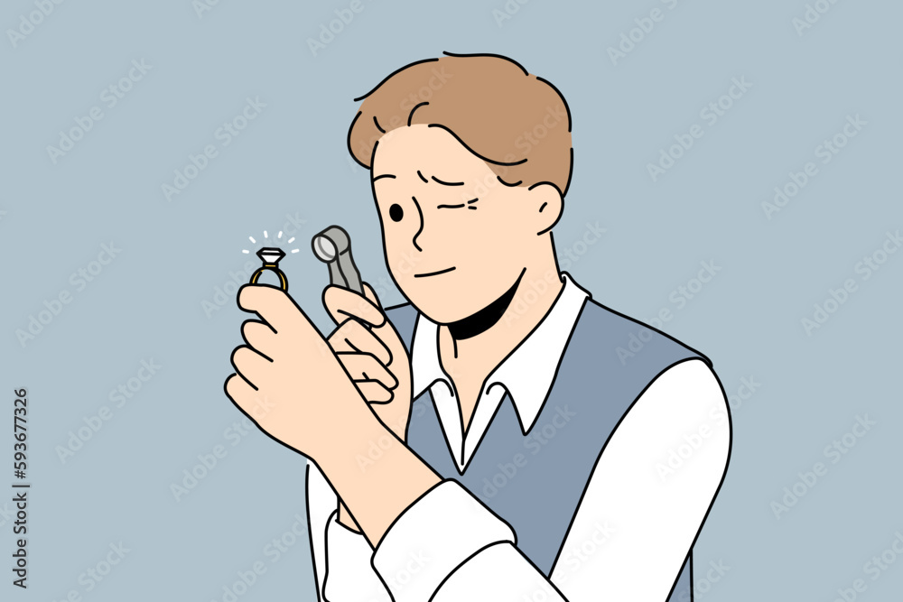 Male jeweler with magnifier look at gem. Gemmologist evaluate precious stone with magnifying glass. Jewelry concept. Vector illustration. Male jeweler with magnifier look at gem. Gemmologist evaluate precious stone with magnifying glass. Jewelry concept. Vector illustration.