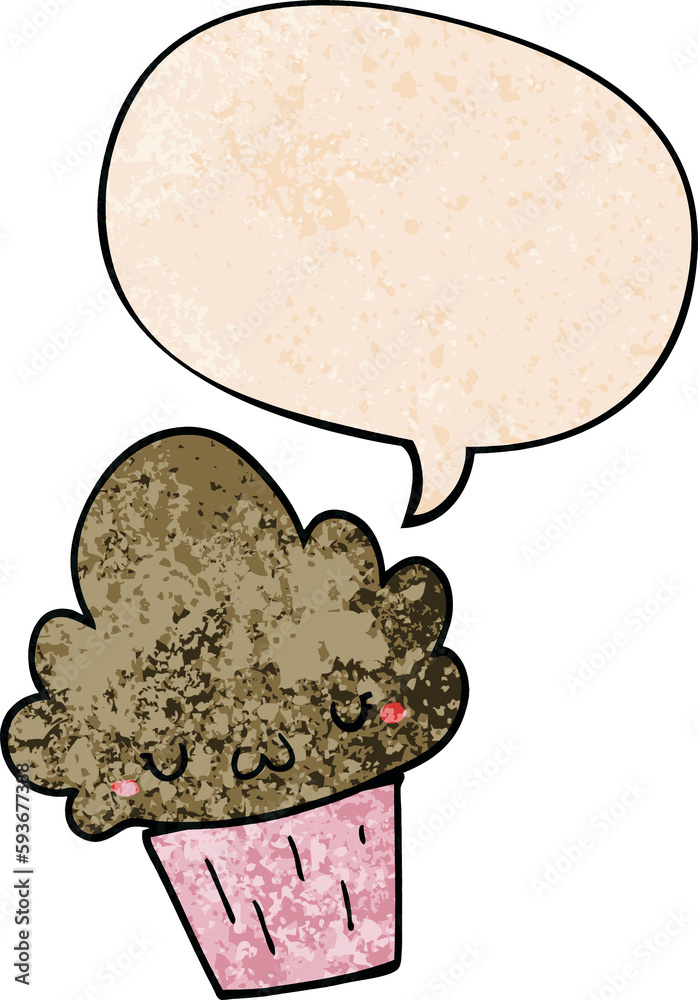 cartoon cupcake and face and speech bubble in retro texture style cartoon cupcake and face and speech bubble in retro texture style