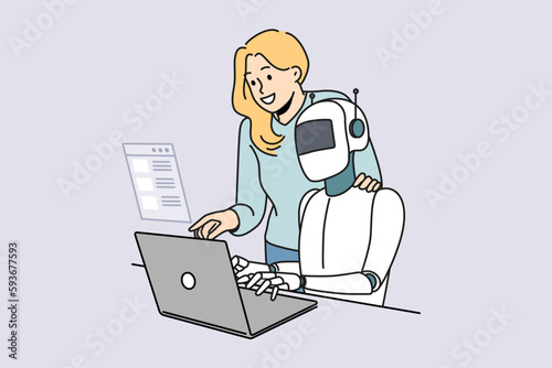 Female employee and robotic assistant work together on computer. Robot tester search program bugs and mistakes in software on laptop. QA concept. Vector illustration. 