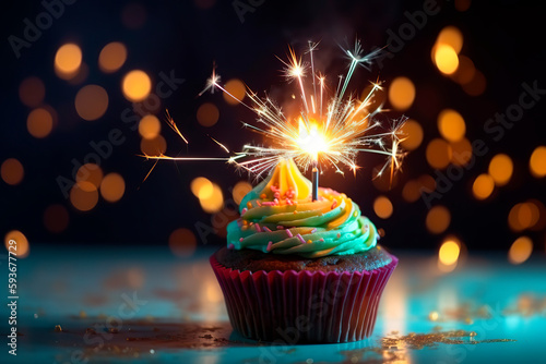Delicious birthday cupcake with burning sparkler and space for text on soft neon background. 