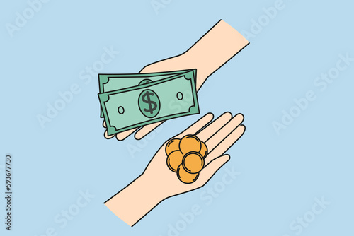 Hands with money engaged in finance exchange on market. People involved in currency exchange. Financial transaction concept. Vector illustration. 