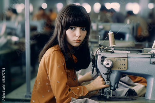 Generative AI illustration of A young woman works with bangs at a garment factory among machine tools sewing clothes