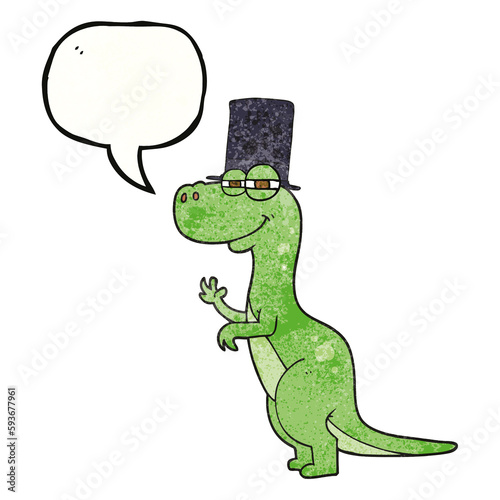 speech bubble textured cartoon dinosaur wearing top hat