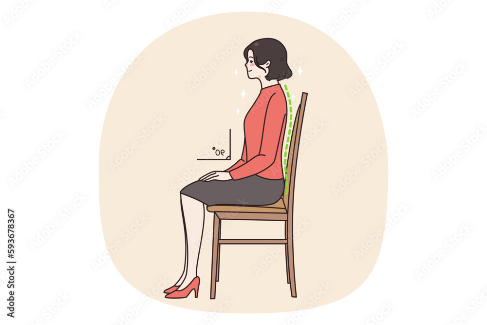 Young woman sit on chair in correct position think of back. Female employee right sedentary pose at work. Healthcare and incorrect posture concept. Healthy lifestyle. Vector illustration.