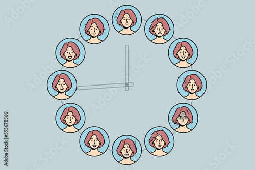 Set of woman with different emotions on huge clock. Collection of emotion and facial expression change during day. Vector illustration. 