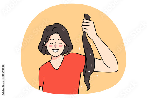 Smiling young woman hold ponytail do hair donation to needy people. Happy female volunteer donate healthy hair for wigs. Flat vector illustration, cartoon character.