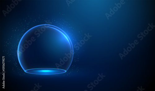 Abstract blue empty glass dome. Neon sphere shield.