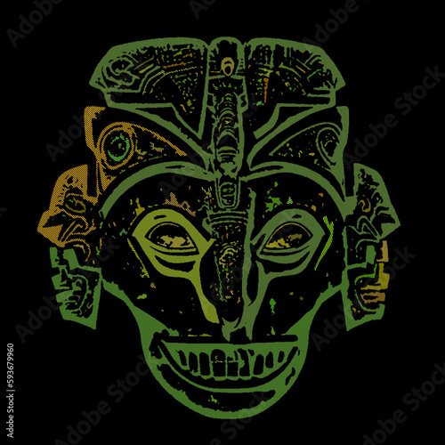 Traditional ancient aztec mask. Isolated on black. Striped lines design. Linear Vector illustration. © eestingnef