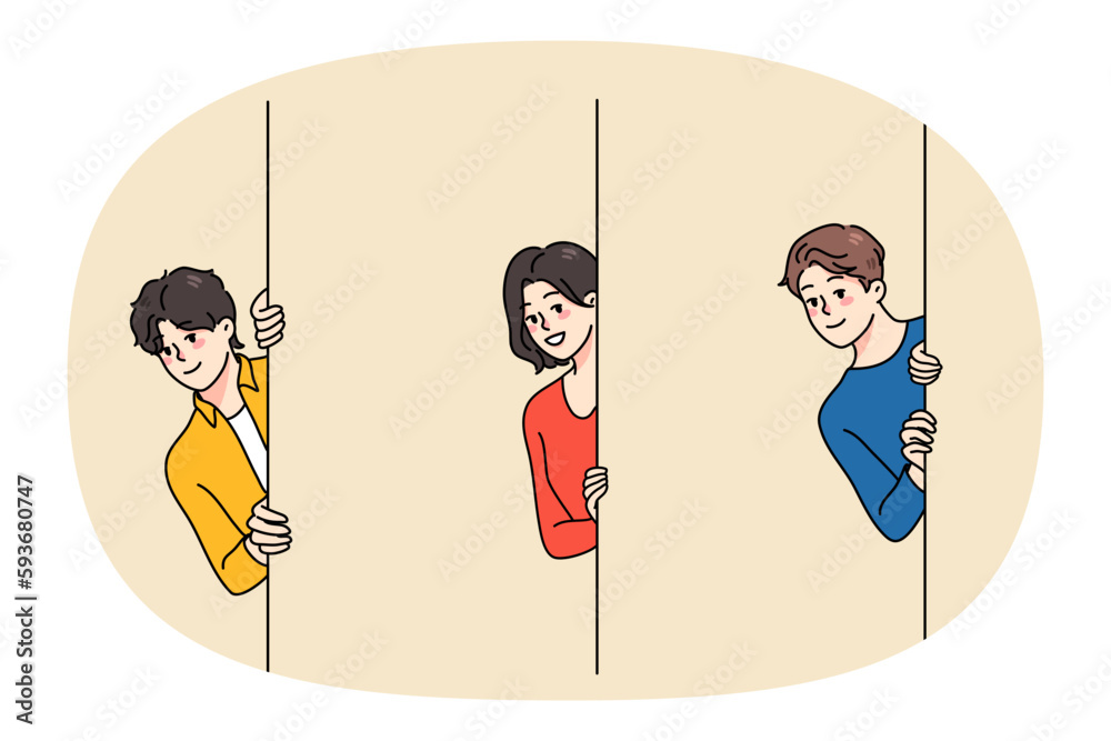 Diverse smiling people peek from corner get to know news. Happy men and women look out from wall spy for hidden information or secret data. Curiosity concept. Flat vector illustration. Diverse smiling people peek from corner get to know news. Happy men and women look out from wall spy for hidden information or secret data. Curiosity concept. Flat vector illustration.