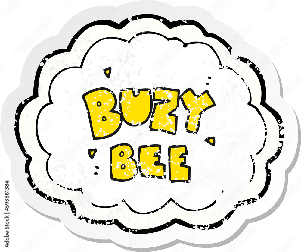 retro distressed sticker of a cartoon buzy bee text symbol retro distressed sticker of a cartoon buzy bee text symbol