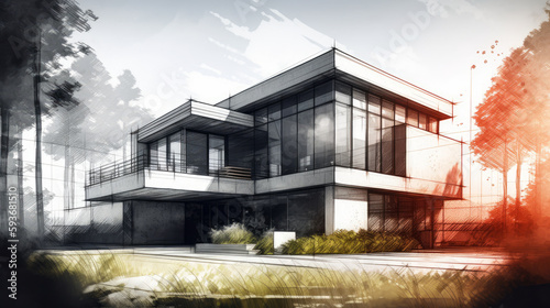 Pencil and watercolor sketch of a modern stylish house with panoramic windows. Al generated