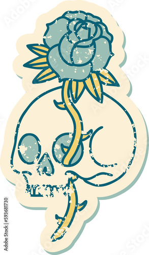 distressed sticker tattoo style icon of a skull and rose