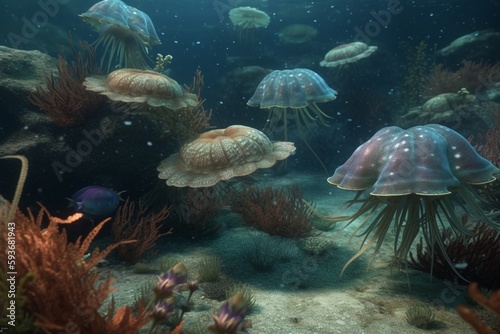 A detailed illustration of a group of marine invertebrates, such as jellyfish or starfish, in their underwater habitat, Generative AI © RONALDO